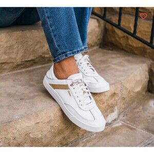 OLUKAI Ha'upu Full Grain Leather Sneakers Women's Size 9.5 White Gold NEW NO BOX